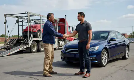 Vehicle owner beside their delivered car in Detroit, Michigan, United States