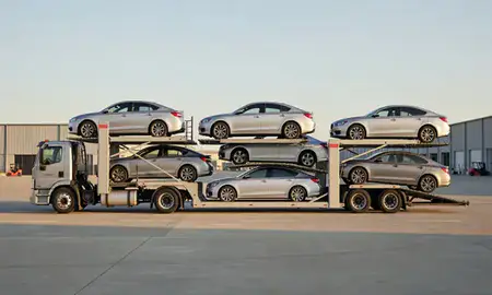 Car transporter parked in an industrial area of Detroit, Michigan, United States