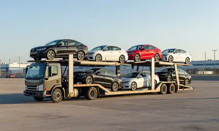 Car transporter loaded with vehicles in Detroit, Michigan, United States