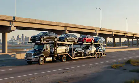 Car transporter with the Detroit, Michigan, United States skyline behind it