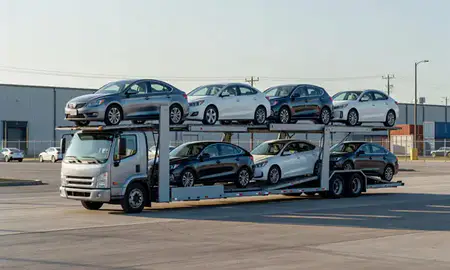 Car transporter loaded with vehicles in Farmington Hills, Michigan, United States