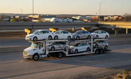 Car transporter with the Farmington Hills, Michigan, United States skyline behind it