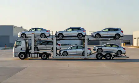 Car transporter parked in an industrial area of Flint, Michigan, United States