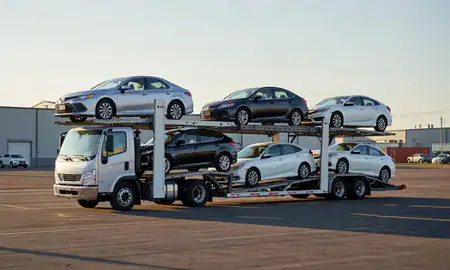 Car transporter loaded with vehicles in Flint, Michigan, United States