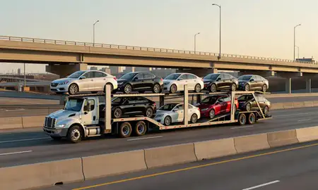 Car transporter with the Flint, Michigan, United States skyline behind it