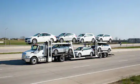 Multi-level car carrier on the highway to Grand Rapids, Michigan, United States