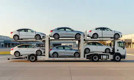 Car transporter parked in an industrial area of Grand Rapids, Michigan, United States