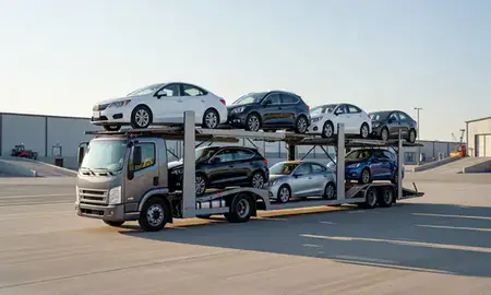 Car transporter loaded with vehicles in Grand Rapids, Michigan, United States