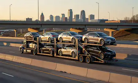 Car transporter with the Grand Rapids, Michigan, United States skyline behind it