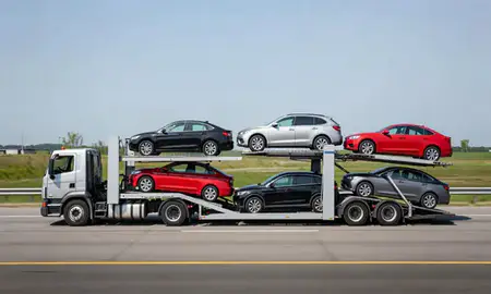 Multi-level car carrier on the highway to Holland, Michigan, United States