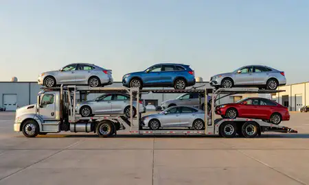 Car transporter parked in an industrial area of Holland, Michigan, United States