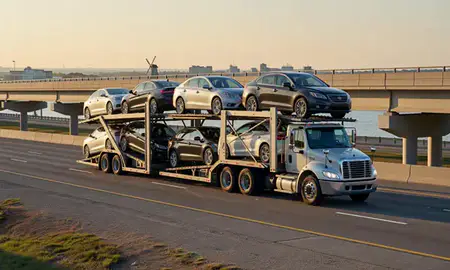 Car transporter with the Holland, Michigan, United States skyline behind it