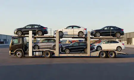 Car transporter parked in an industrial area of Jackson, Michigan, United States