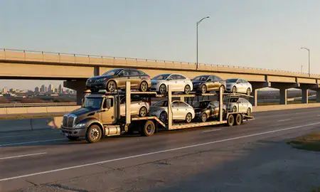 Car transporter with the Jackson, Michigan, United States skyline behind it