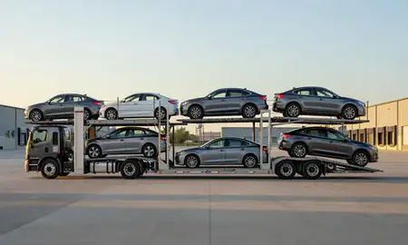 Car transporter parked in an industrial area of Kalamazoo, Michigan, United States