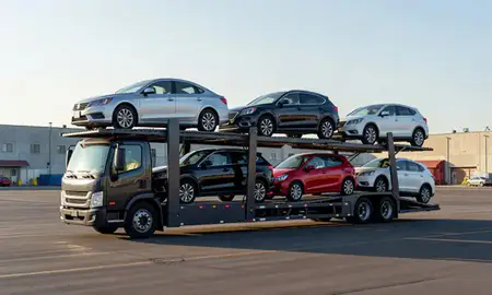 Car transporter loaded with vehicles in Kalamazoo, Michigan, United States