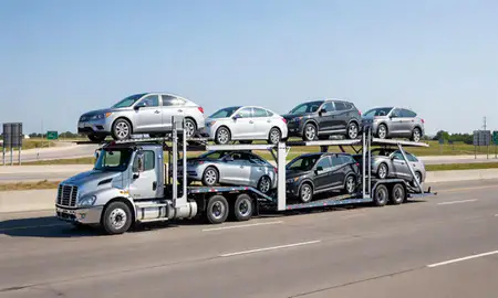 Multi-level car carrier on the highway to Lansing, Michigan, United States