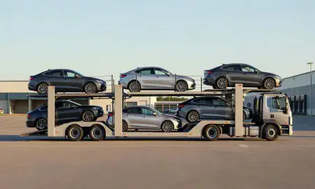 Car transporter parked in an industrial area of Lansing, Michigan, United States