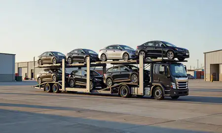 Car transporter loaded with vehicles in Lansing, Michigan, United States