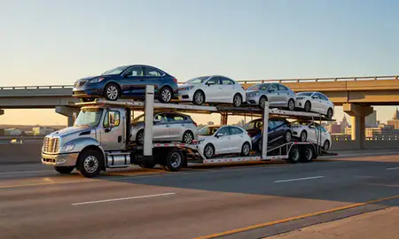 Car transporter with the Lansing, Michigan, United States skyline behind it