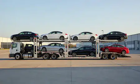 Car transporter parked in an industrial area of Livonia, Michigan, United States