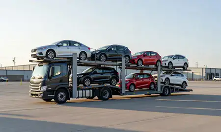Car transporter loaded with vehicles in Livonia, Michigan, United States
