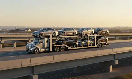 Car transporter with the Livonia, Michigan, United States skyline behind it