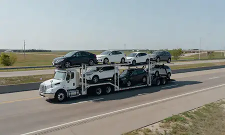 Multi-level car carrier on the highway to Muskegon, Michigan, United States