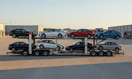 Car transporter parked in an industrial area of Muskegon, Michigan, United States
