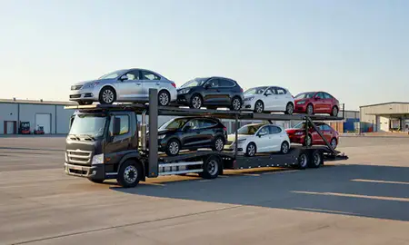 Car transporter loaded with vehicles in Muskegon, Michigan, United States