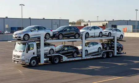 Car transporter loaded with vehicles in Novi, Michigan, United States