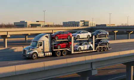 Car transporter with the Novi, Michigan, United States skyline behind it