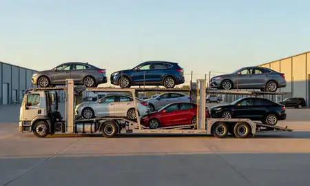 Car transporter parked in an industrial area of Pontiac, Michigan, United States