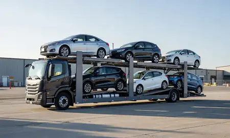 Car transporter loaded with vehicles in Pontiac, Michigan, United States