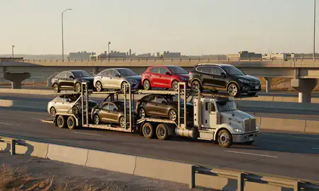 Car transporter with the Pontiac, Michigan, United States skyline behind it