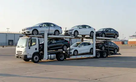 Car transporter loaded with vehicles in Port Huron, Michigan, United States