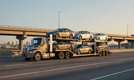 Car transporter with the Port Huron, Michigan, United States skyline behind it