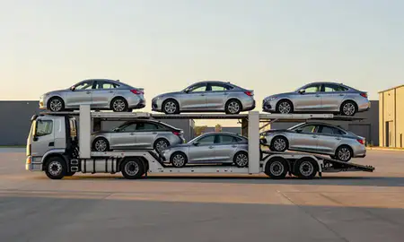 Car transporter parked in an industrial area of Rochester Hills, Michigan, United States