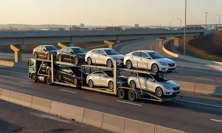 Car transporter with the Rochester Hills, Michigan, United States skyline behind it