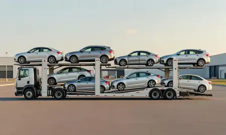 Car transporter parked in an industrial area of Royal Oak, Michigan, United States