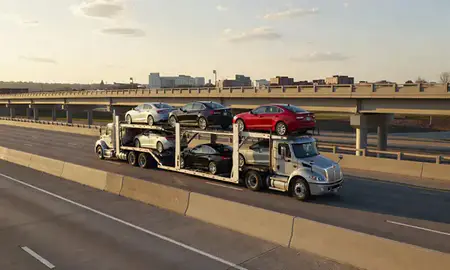 Car transporter with the Royal Oak, Michigan, United States skyline behind it