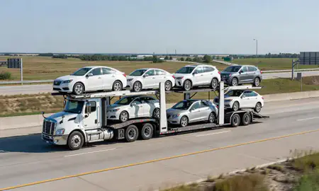 Multi-level car carrier on the highway to Saginaw, Michigan, United States