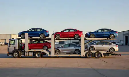 Car transporter parked in an industrial area of Saginaw, Michigan, United States