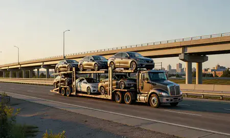 Car transporter with the Saginaw, Michigan, United States skyline behind it