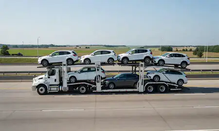Multi-level car carrier on the highway to South Lyon, Michigan, United States