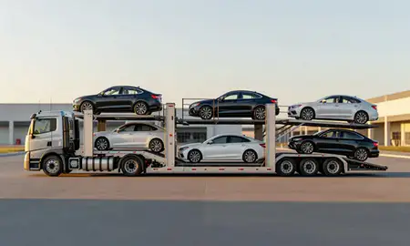 Car transporter parked in an industrial area of South Lyon, Michigan, United States