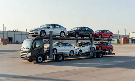 Car transporter loaded with vehicles in South Lyon, Michigan, United States