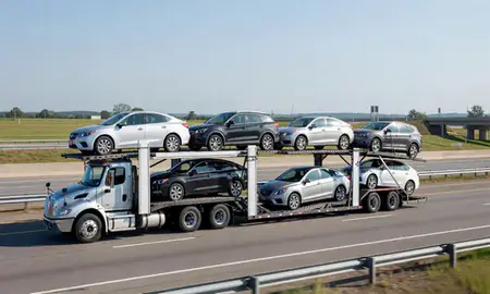Multi-level car carrier on the highway to Southfield, Michigan, United States