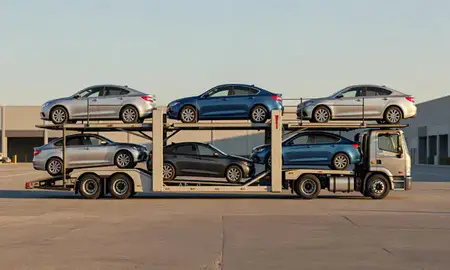 Car transporter parked in an industrial area of Southfield, Michigan, United States