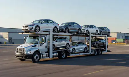 Car transporter loaded with vehicles in Southfield, Michigan, United States